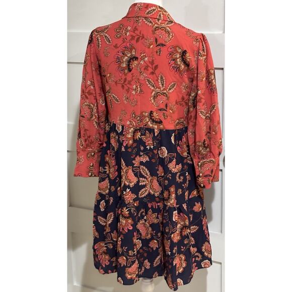 Vince Camuto 4P Dress Coral & Navy Blue Floral Dress Long Sl Gold Buttons - Picture 3 of 7